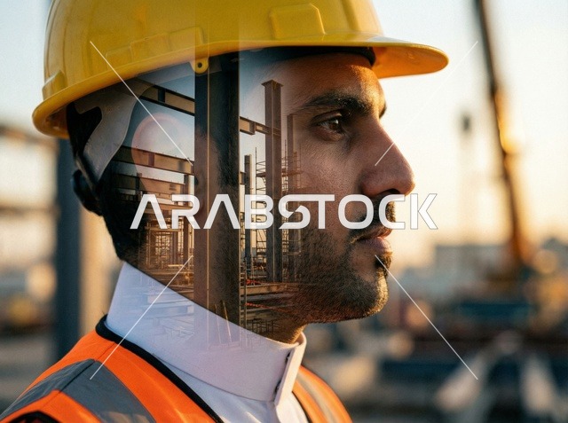 Saudi Engineer at Construction Site with Double Exposure