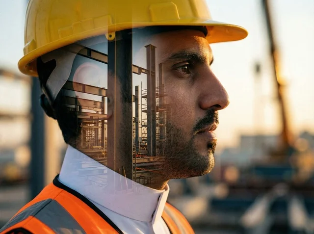 Saudi Engineer at Construction Site with Double Exposure