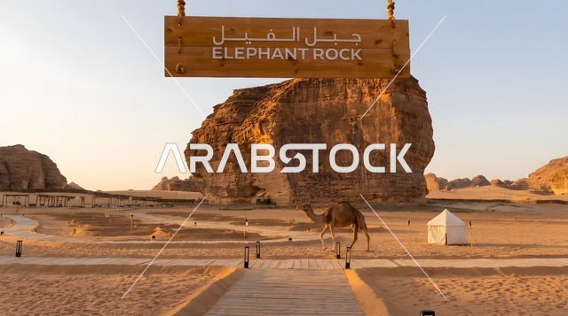 جبل الفيل العلا السعودية وقت الغروب مع جمل