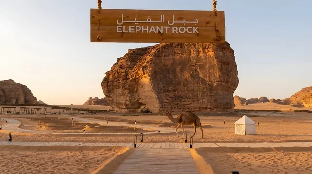 جبل الفيل العلا السعودية وقت الغروب مع جمل جبل الفيل العلا السعودية وقت الغروب مع جمل