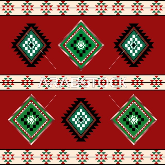 نقش السدو السعودي التراثي بخلفية حمراء هندسية