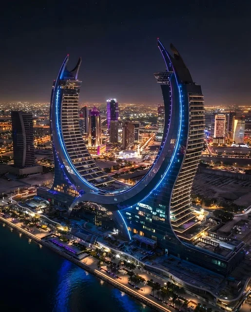 Katara Towers Lusail Qatar Night Architecture Aerial