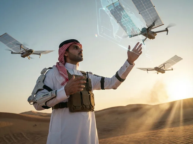 Saudi Engineer Operating Solar Drones in Desert Sunset