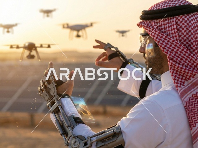 Saudi Engineer Controlling Drones at Solar Plant