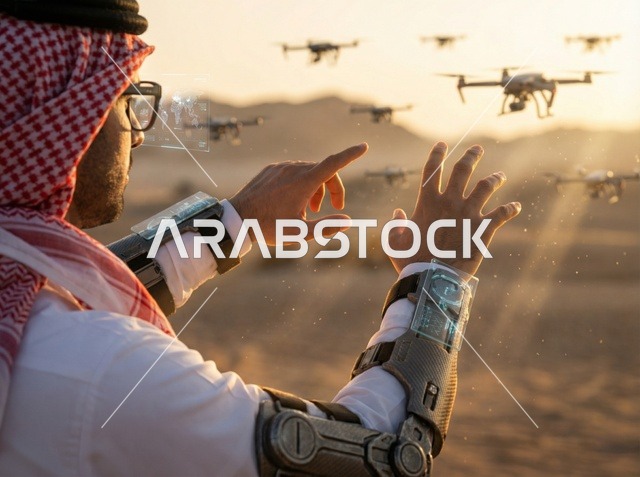 مهندس سعودي يتحكم بطائرات الدرون في الصحراء وقت الغروب
