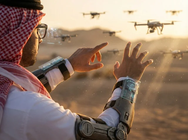 Saudi Engineer Operating Drones in Desert at Sunset