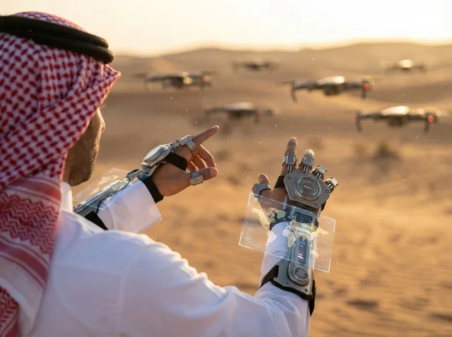 Saudi Engineer Controlling Drones in Desert at Sunset
