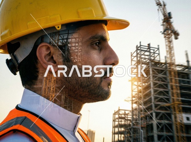 Saudi Engineer at Construction Site Double Exposure