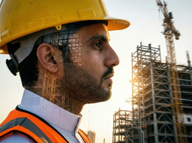 Saudi Engineer at Construction Site Double Exposure