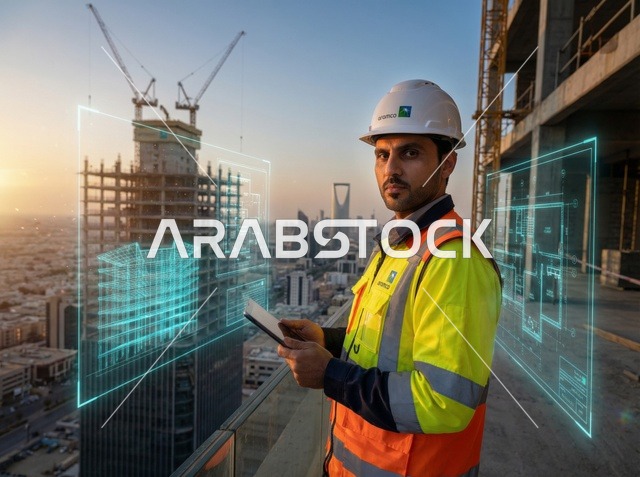 Saudi Engineer Riyadh Construction Site with Hologram