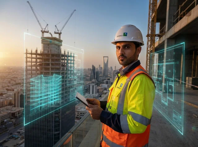 Saudi Engineer Riyadh Construction Site with Hologram