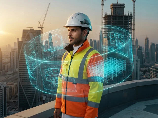 Saudi Engineer with Holographic Blueprints in City