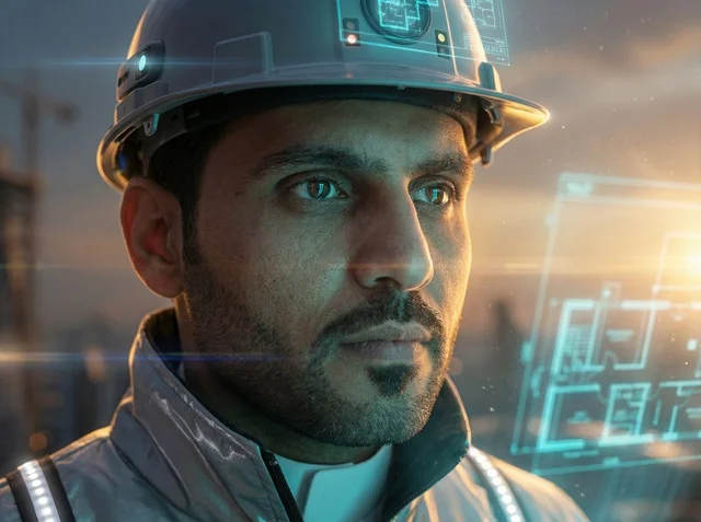 Saudi Engineer Viewing Holographic Blueprints at Sunset