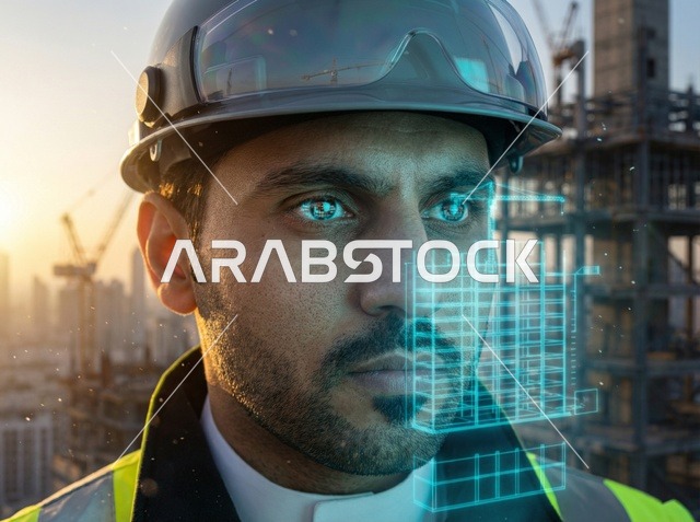 Saudi Engineer at Construction Site with Digital Hologram