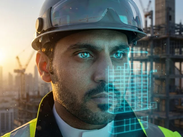 Saudi Engineer at Construction Site with Digital Hologram