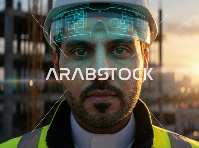 Saudi Engineer with AR Glasses at Construction Site