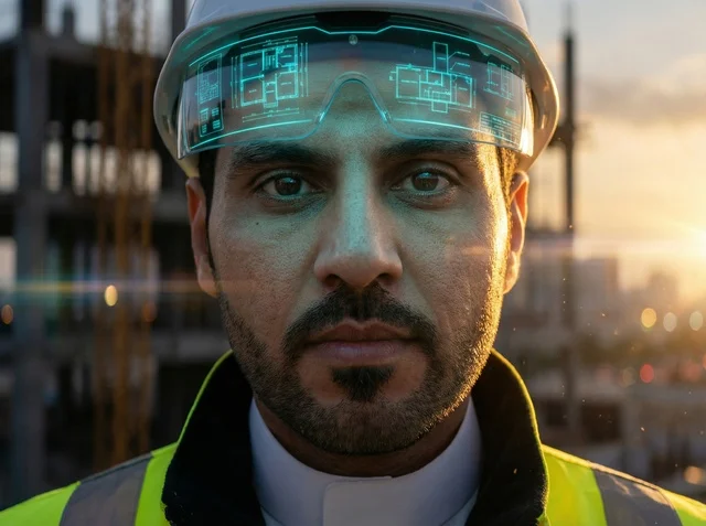 Saudi Engineer with AR Glasses at Construction Site
