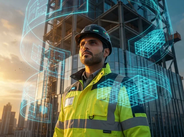 Saudi Engineer with Digital Architecture Holograms