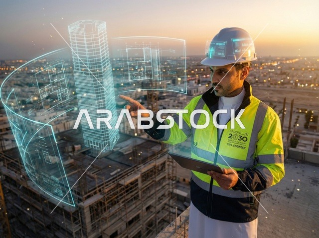 Saudi Civil Engineer with 3D Building Hologram at Sunset
