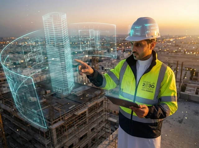 Saudi Civil Engineer with 3D Building Hologram at Sunset