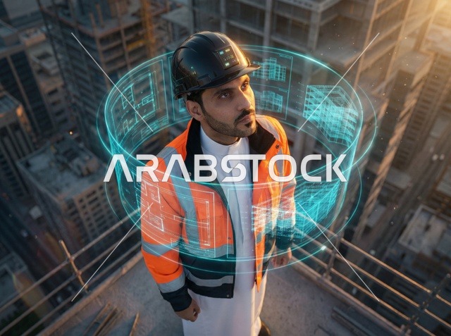 Saudi Engineer on Construction Site with Hologram