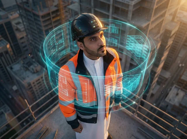 Saudi Engineer on Construction Site with Hologram