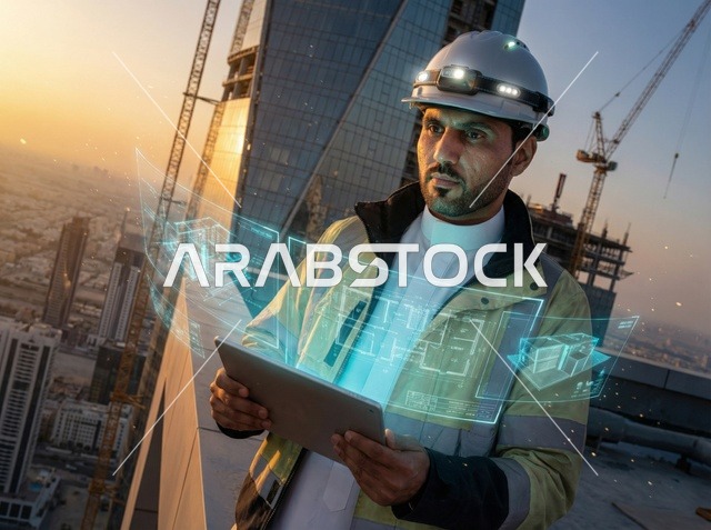 Saudi Engineer at Construction Site with Hologram Tablet