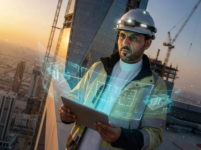 Saudi Engineer at Construction Site with Hologram Tablet