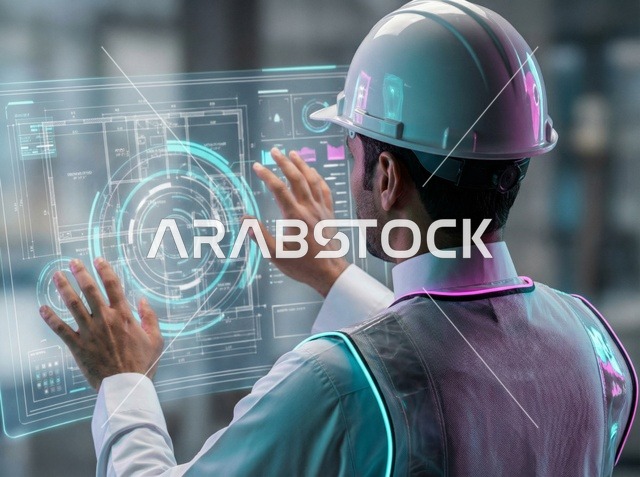 Saudi Engineer Interacting with Digital Hologram Interface