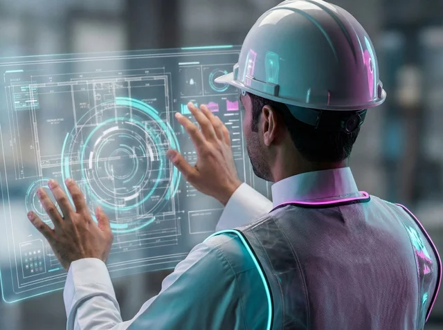 Saudi Engineer Interacting with Digital Hologram Interface