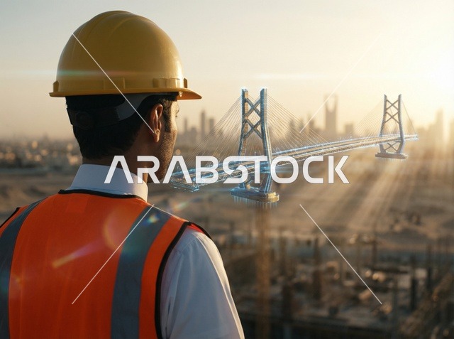مهندس سعودي مع مجسم جسر وقت الغروب