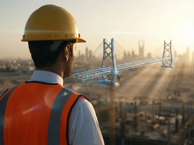 Saudi Engineer With Bridge Hologram At Sunset