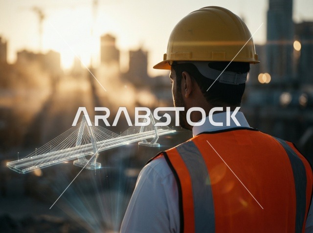 Saudi Engineer with Holographic Bridge Model at Sunset