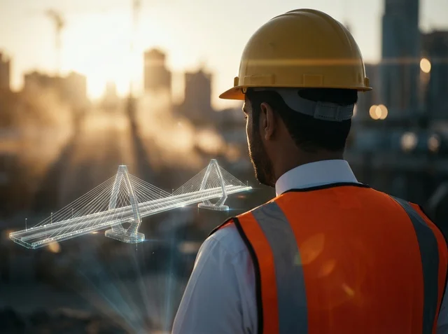 Saudi Engineer with Holographic Bridge Model at Sunset