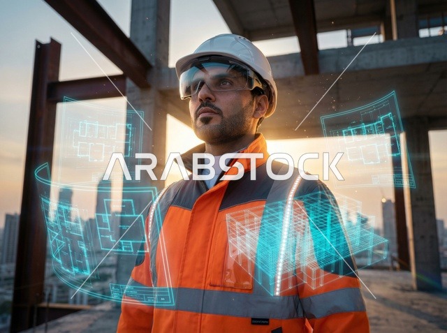 Saudi Engineer at Construction Site with Hologram