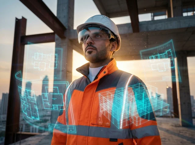 Saudi Engineer at Construction Site with Hologram