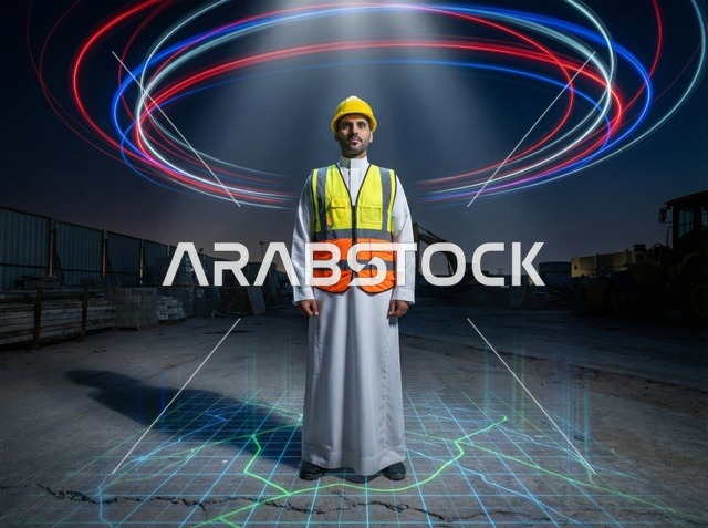 Saudi Engineer at Night Construction Site with Digital Lights