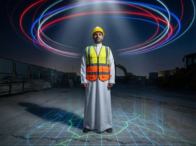 Saudi Engineer at Night Construction Site with Digital Lights