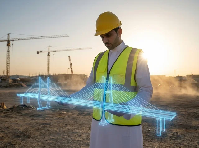 Saudi Engineer Examining Holographic Bridge at Sunset