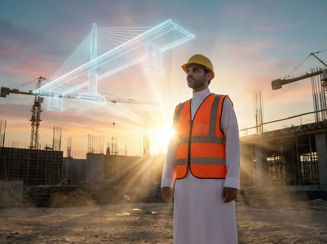Saudi Engineer at Construction Site with Bridge Hologram