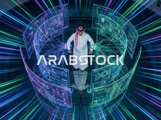 Saudi Engineer in Futuristic Digital Hologram Room