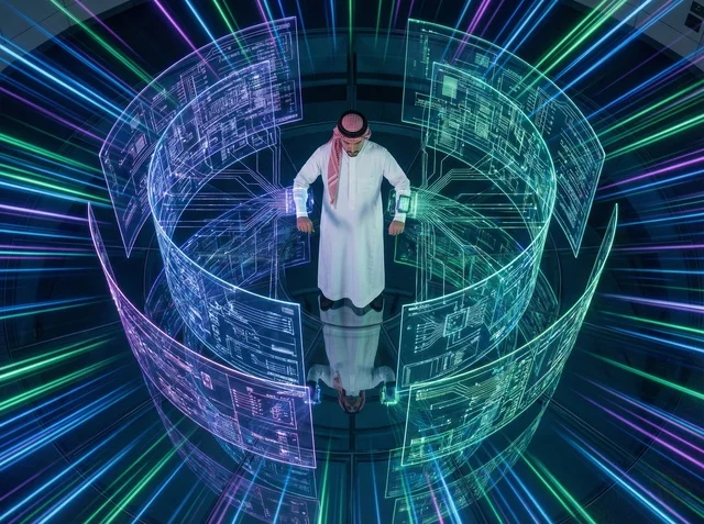 Saudi Engineer in Futuristic Digital Hologram Room