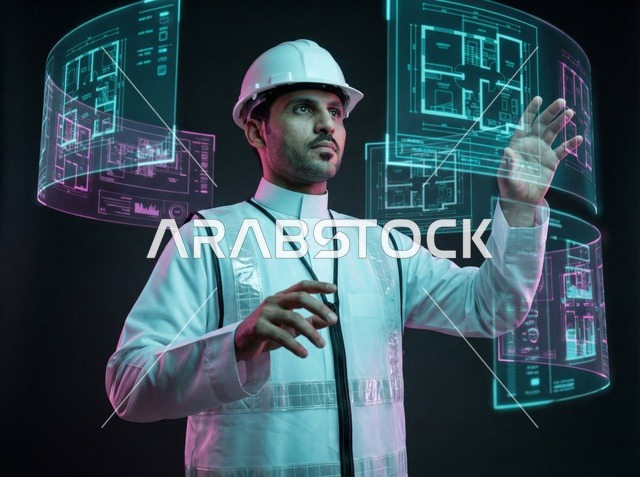 مهندس سعودي يتفاعل مع مخططات هندسية رقمية
