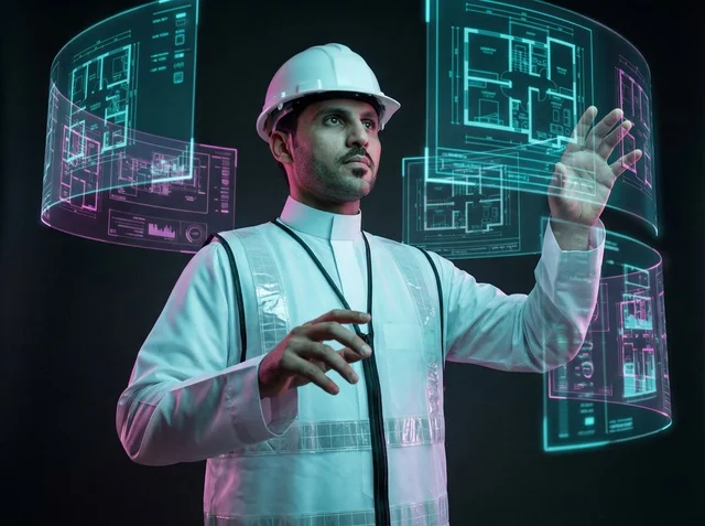 Saudi Engineer Interacting with Digital Blueprints