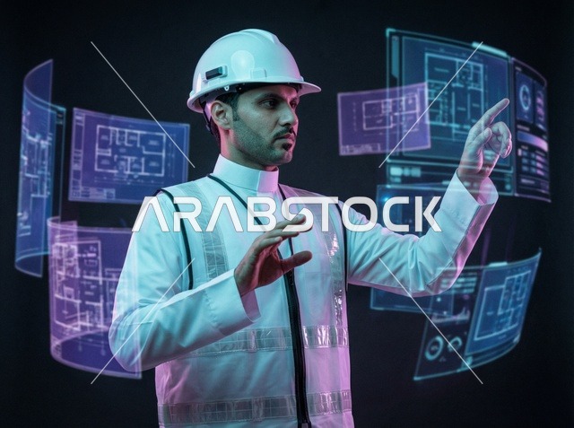 Saudi Engineer Interacting With Holographic Blueprints