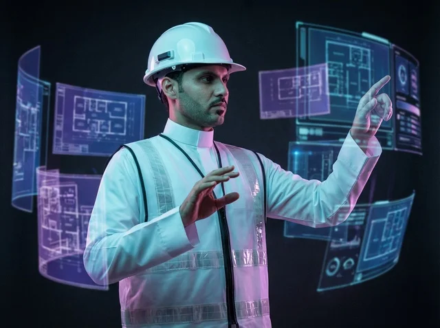 Saudi Engineer Interacting With Holographic Blueprints