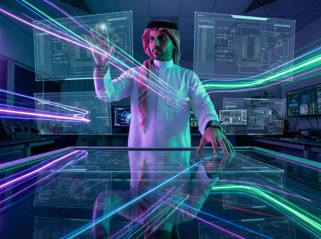 Saudi Engineer Interacting with Futuristic Holograms
