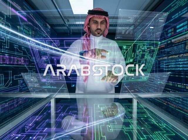 Saudi Engineer Using Holographic Data in Server Room