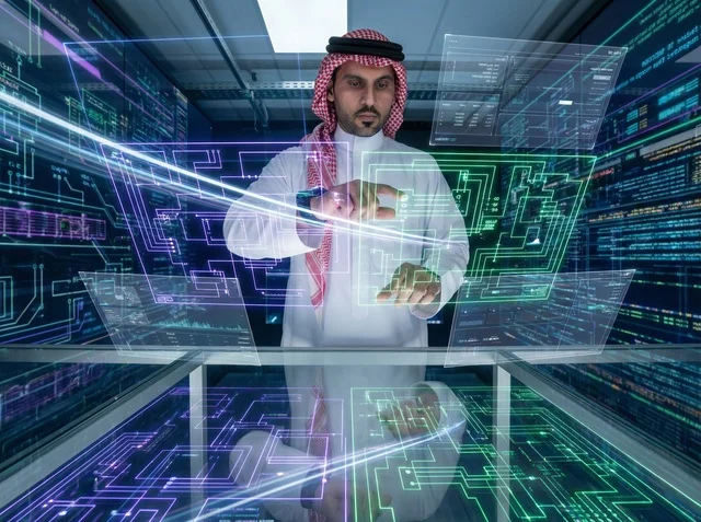Saudi Engineer Using Holographic Data in Server Room
