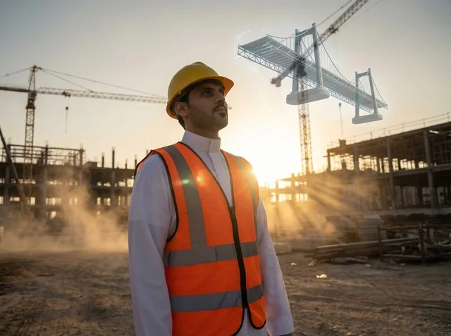 Saudi Engineer at Construction Site with Bridge Hologram Saudi Engineer at Construction Site with Bridge Hologram